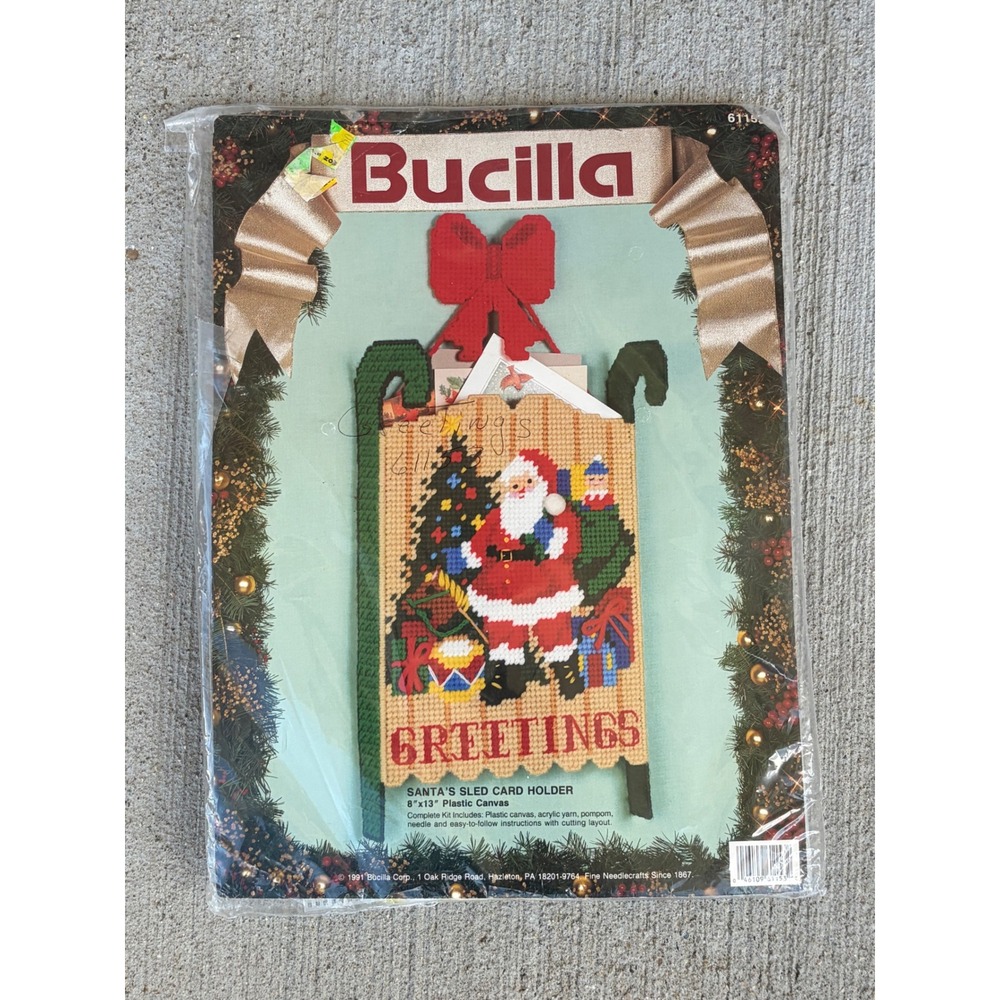 Vintage 1991 Bucilla Santas Sled Card Holder Plastic Canvas Kit 61153 Christmas